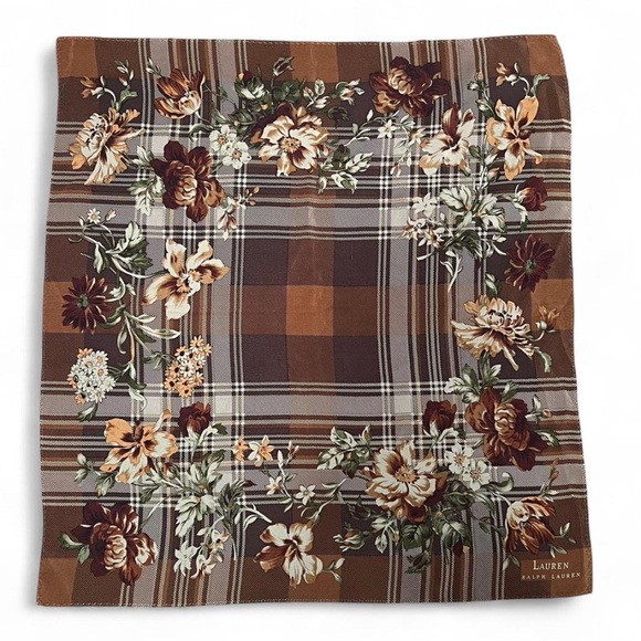 Vintage Silk Lauren Ralph Lauren Brown Floral Checkered Scarf - Picture 1 of 1